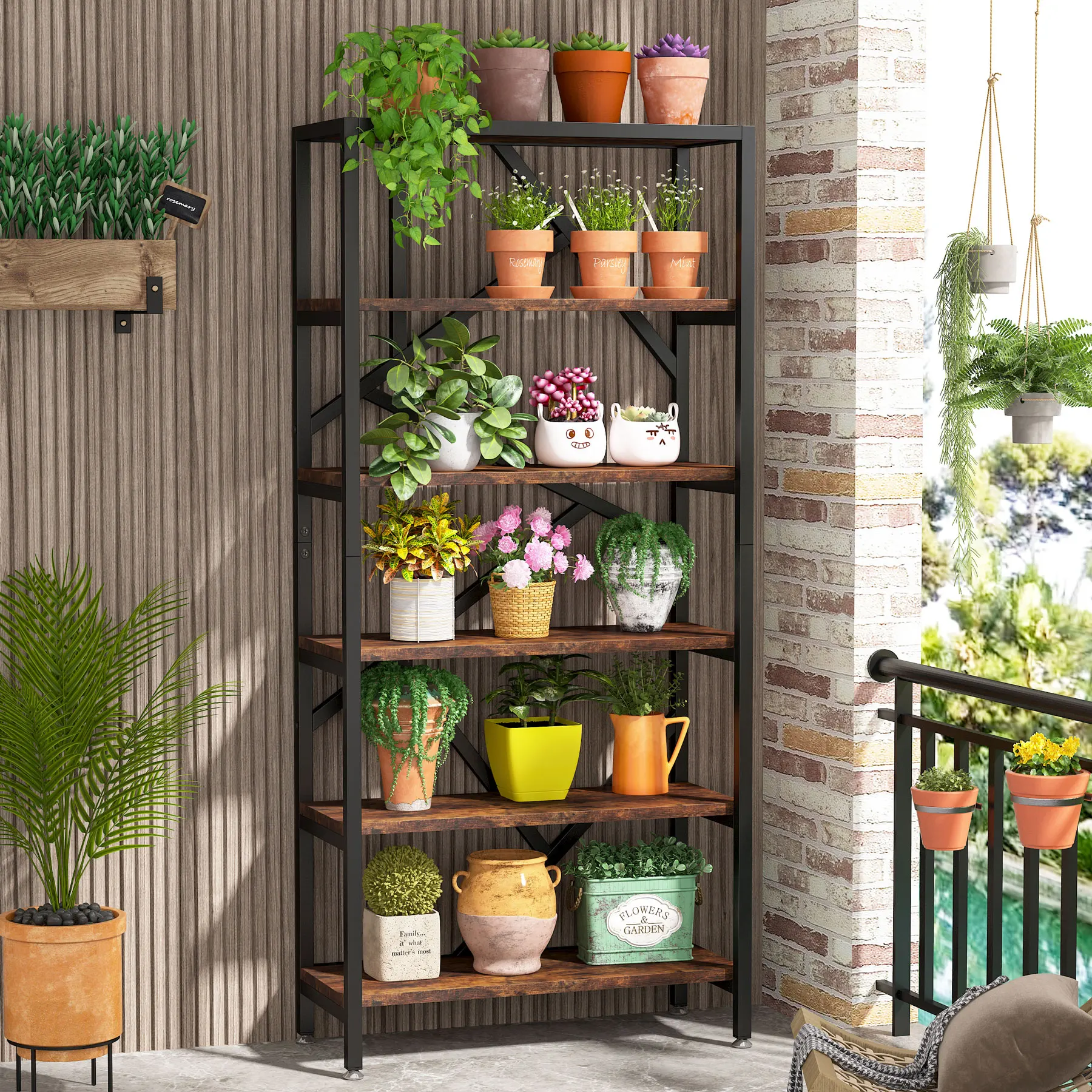 Tribesigns Industrial Bookshelf, Tall Bookcase with Open Shelves, Wood and Metal Display Shelf Storage Shelves