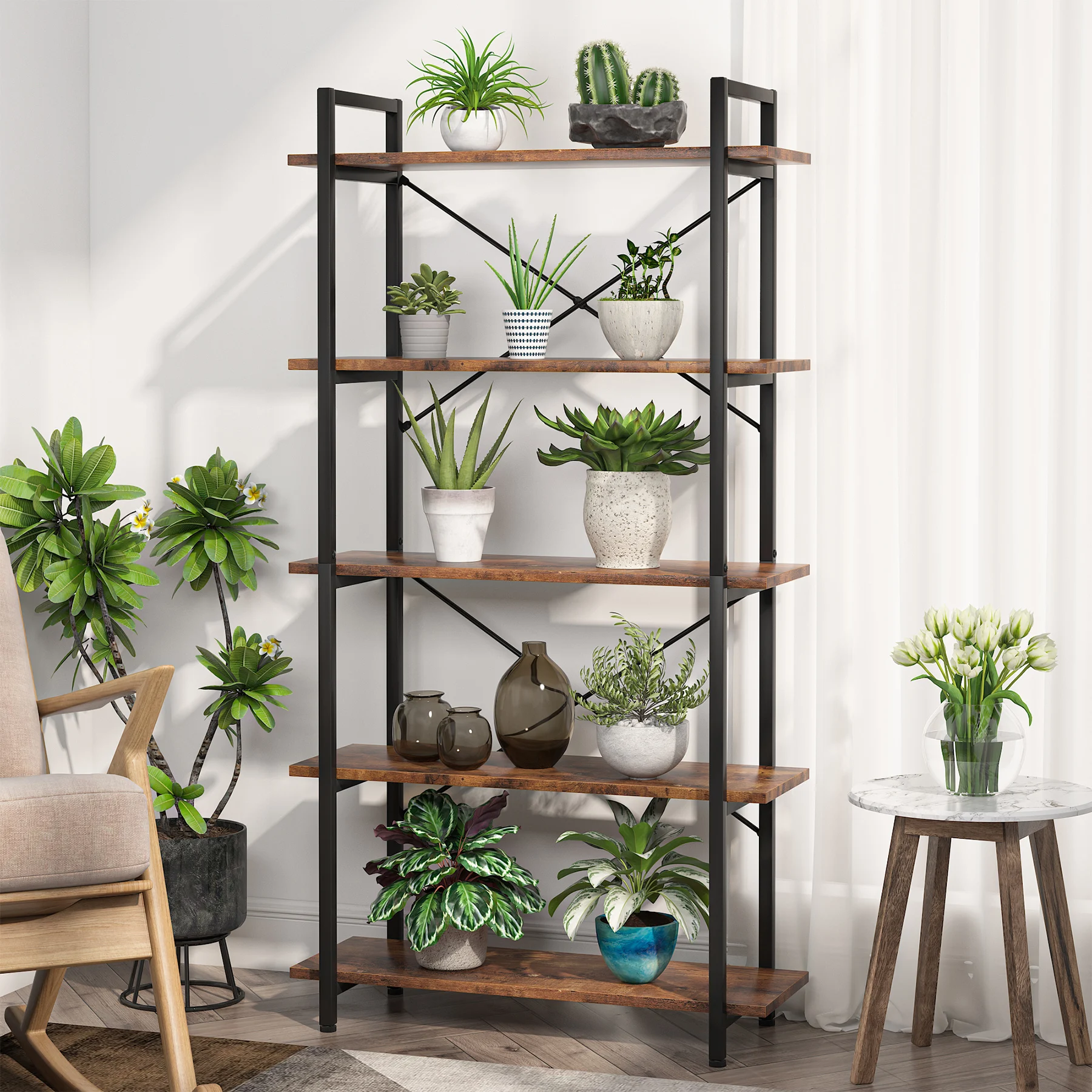 Tribesigns Industrial Bookshelf, Tall Bookcase with Open Shelves, Wood and Metal Display Shelf Storage Shelves