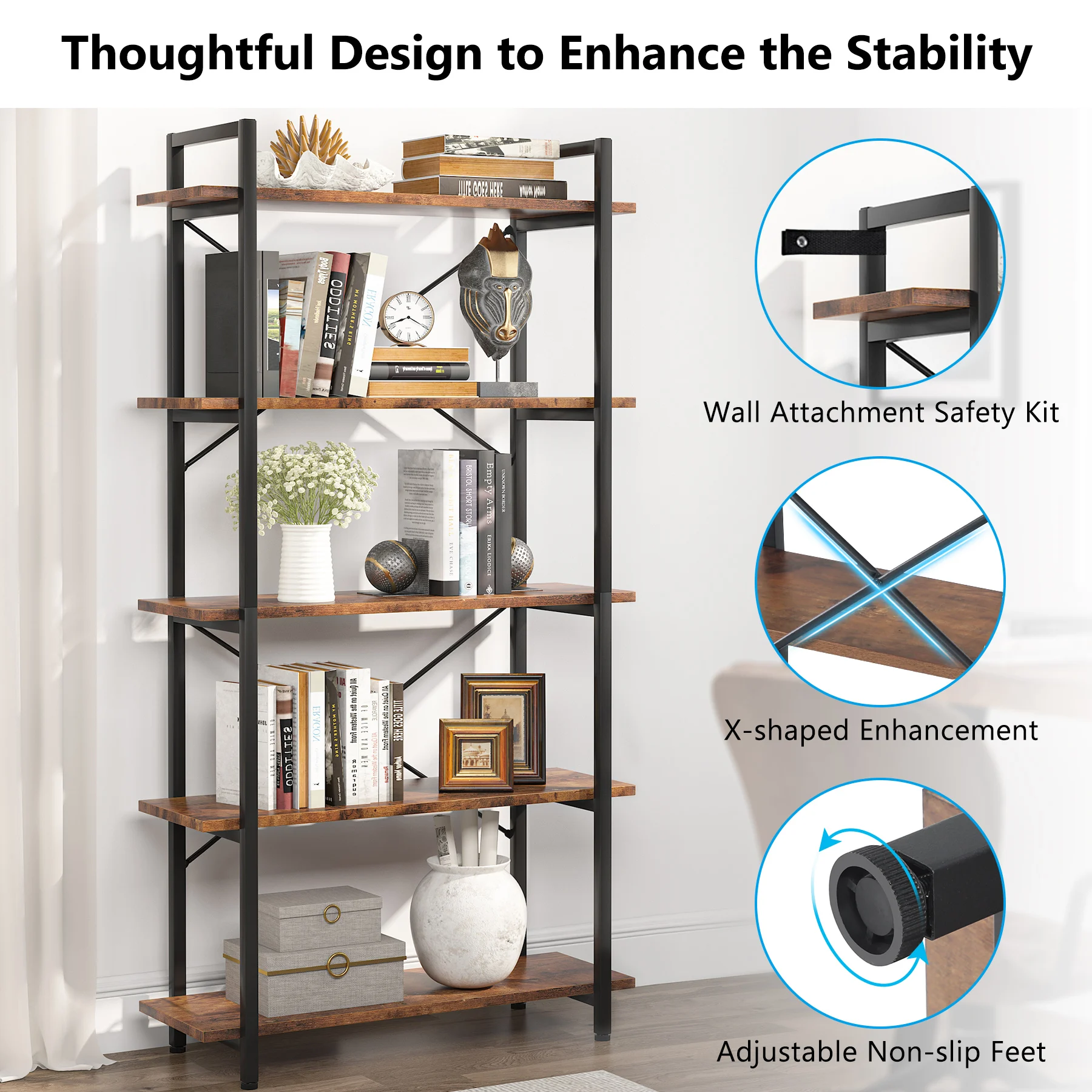 Tribesigns Industrial Bookshelf, Tall Bookcase with Open Shelves, Wood and Metal Display Shelf Storage Shelves