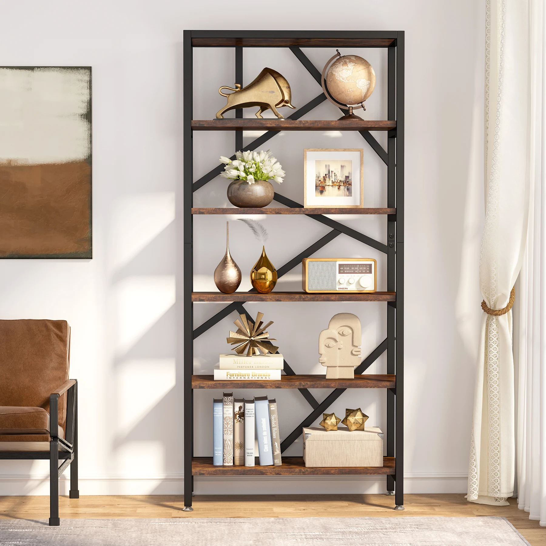 Tribesigns Industrial Bookshelf, Tall Bookcase with Open Shelves, Wood and Metal Display Shelf Storage Shelves