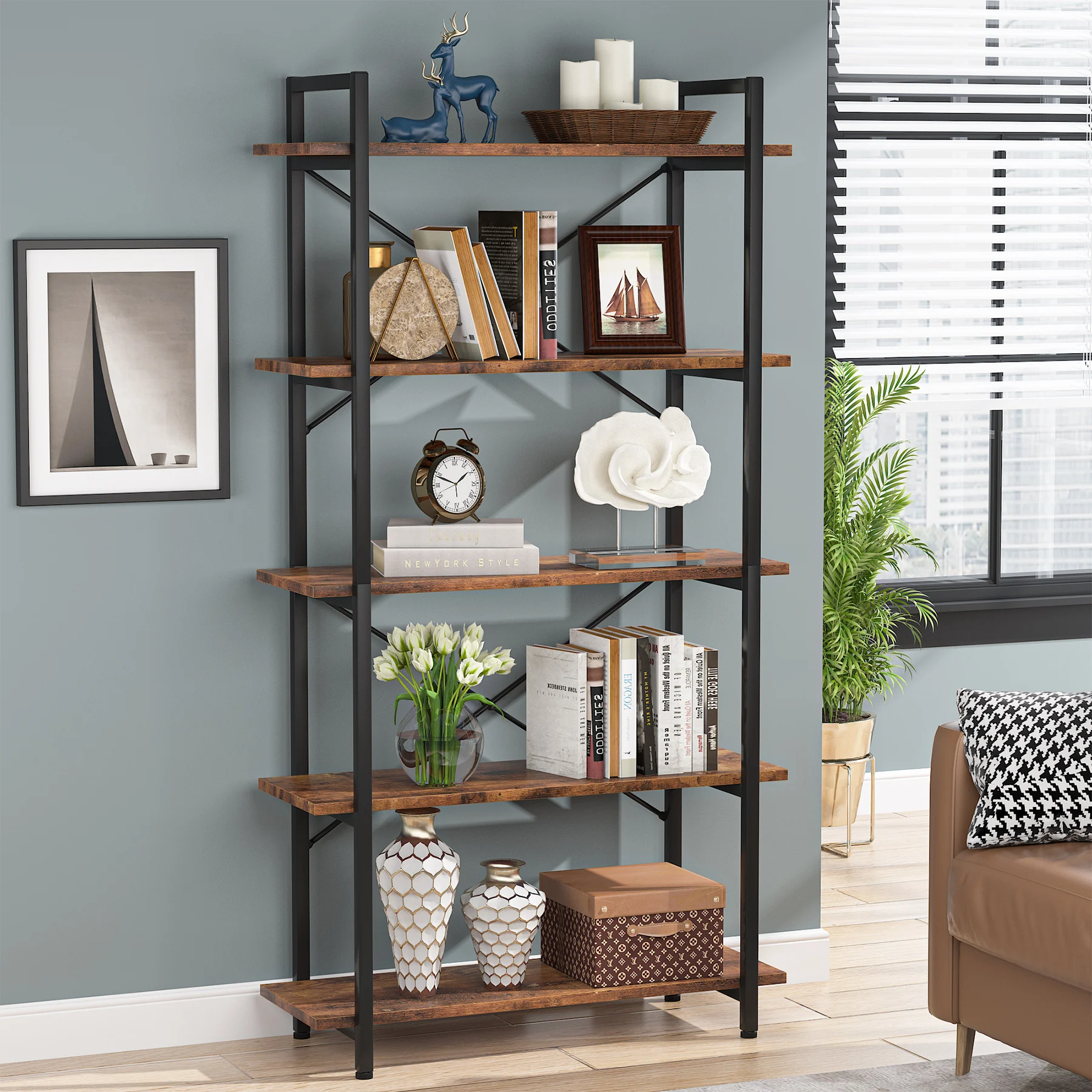 Tribesigns Industrial Bookshelf, Tall Bookcase with Open Shelves, Wood and Metal Display Shelf Storage Shelves