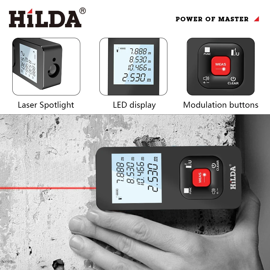 HILDA Digital Laser Distance Meter 50M/100M/120M Finder High Precision Area Volume Measure Construction Measuring Ruler Tool