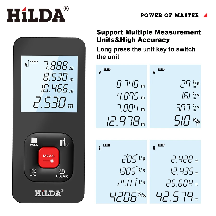 HILDA Digital Laser Distance Meter 50M/100M/120M Finder High Precision Area Volume Measure Construction Measuring Ruler Tool