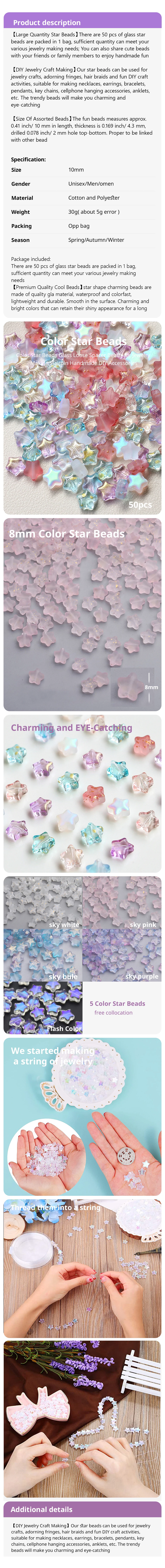 50PCS Color Star Beads 8mm Czech Glass Loose Spacer for Jewelry Making Hairpin Handmade Diy Accessories