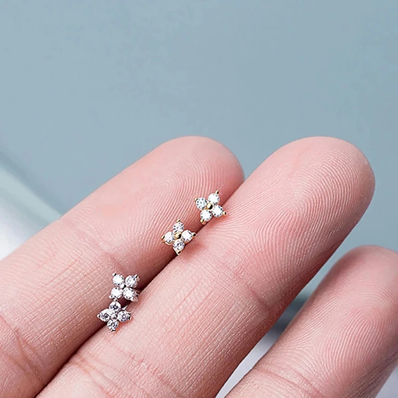 Huitan Korean Style Flower Stud Earrings Women Gold Color White Cubic Zirconia Small Fresh Fashion Accessories Hot Jewelry