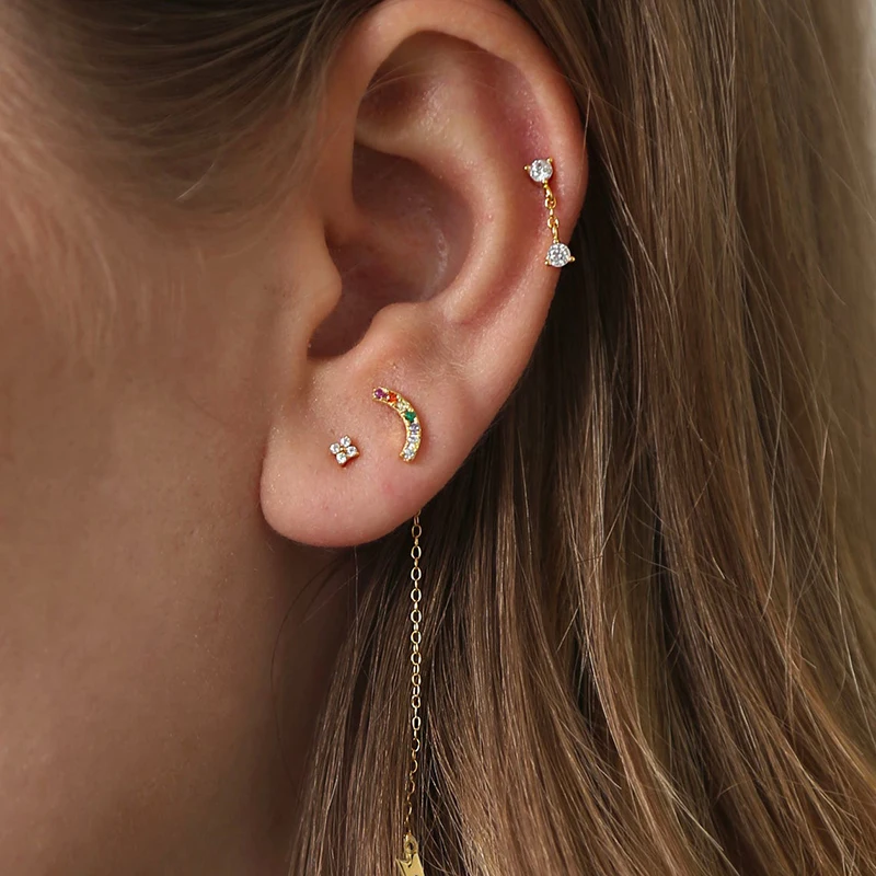 Huitan Korean Style Flower Stud Earrings Women Gold Color White Cubic Zirconia Small Fresh Fashion Accessories Hot Jewelry