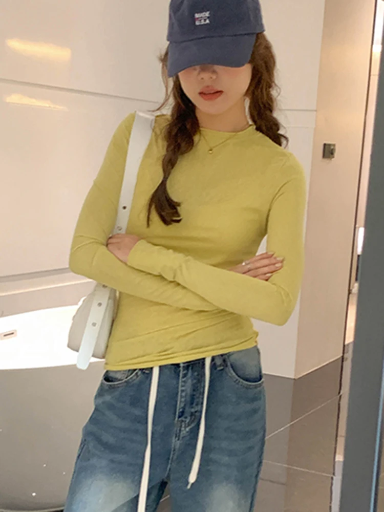 2026 Spring Autumn T Shirt Women Tops Solid Slim Fit Long Sleeve O Neck Tshirts Female Casual Streetwear High Quality Base Tees