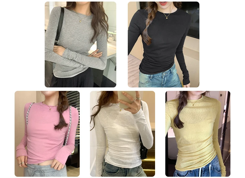 2026 Spring Autumn T Shirt Women Tops Solid Slim Fit Long Sleeve O Neck Tshirts Female Casual Streetwear High Quality Base Tees