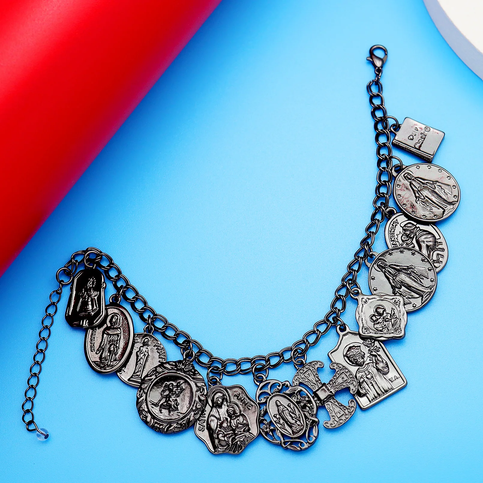 Vintage Bracelet Catholic Religious Church Medals Saints PRAY FOR Cross Pendant Chain Women Bangle Silver Plated Jewelry Gifts
