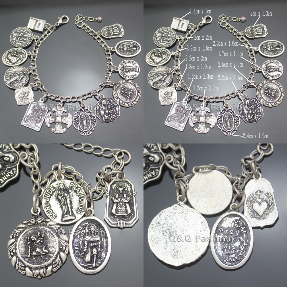 Vintage Bracelet Catholic Religious Church Medals Saints PRAY FOR Cross Pendant Chain Women Bangle Silver Plated Jewelry Gifts