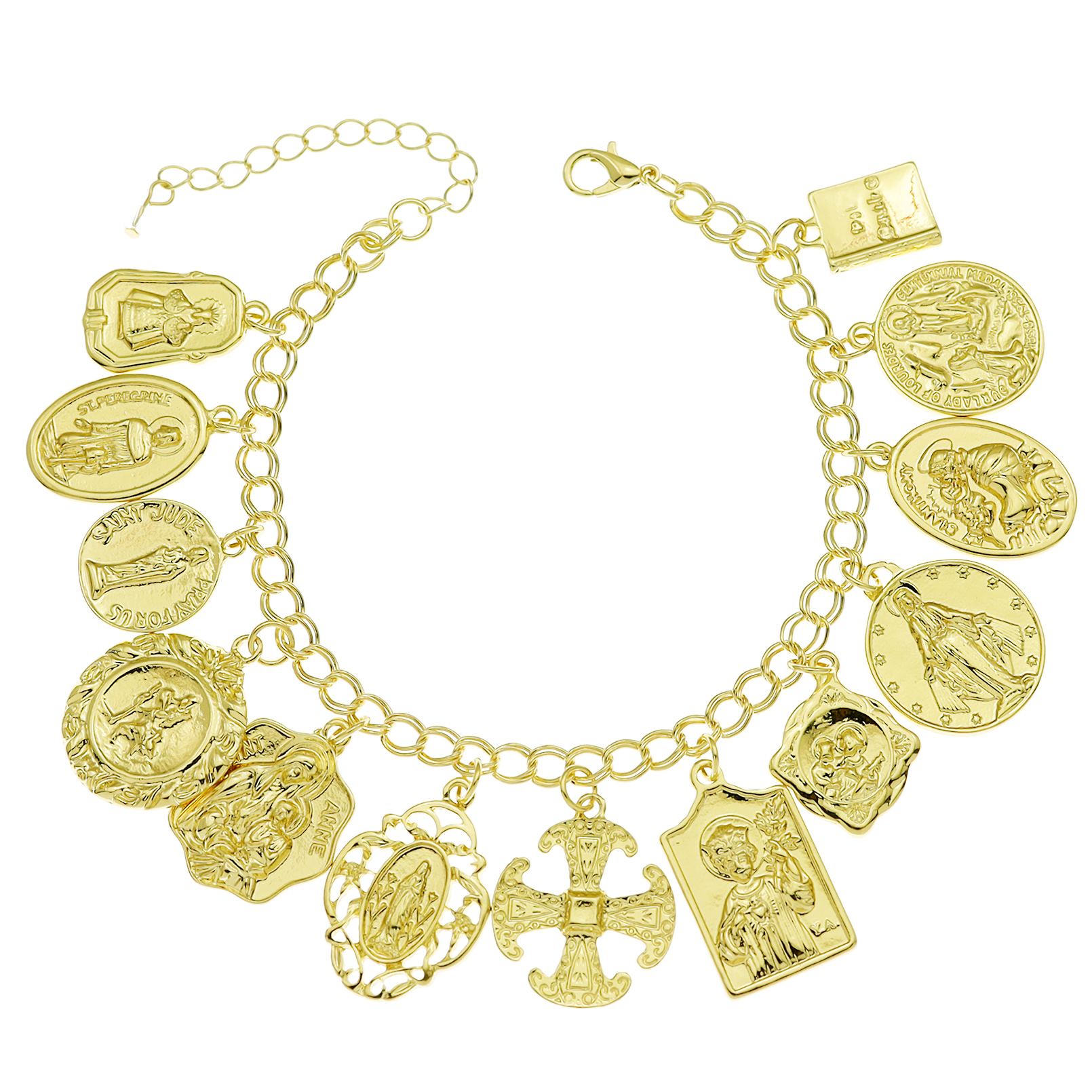Vintage Bracelet Catholic Religious Church Medals Saints PRAY FOR Cross Pendant Chain Women Bangle Silver Plated Jewelry Gifts