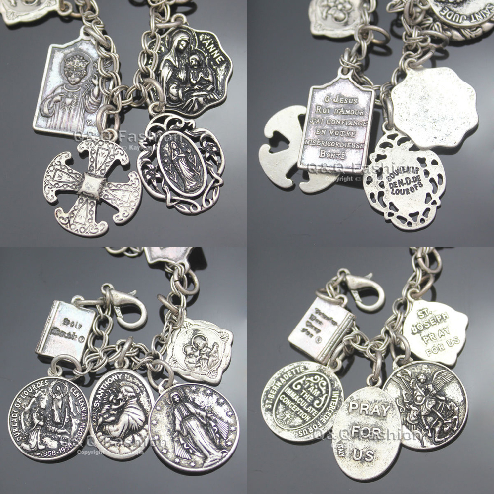 Vintage Bracelet Catholic Religious Church Medals Saints PRAY FOR Cross Pendant Chain Women Bangle Silver Plated Jewelry Gifts