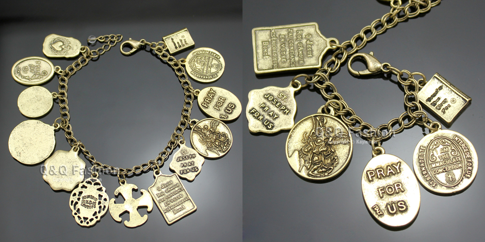 Vintage Bracelet Catholic Religious Church Medals Saints PRAY FOR Cross Pendant Chain Women Bangle Silver Plated Jewelry Gifts