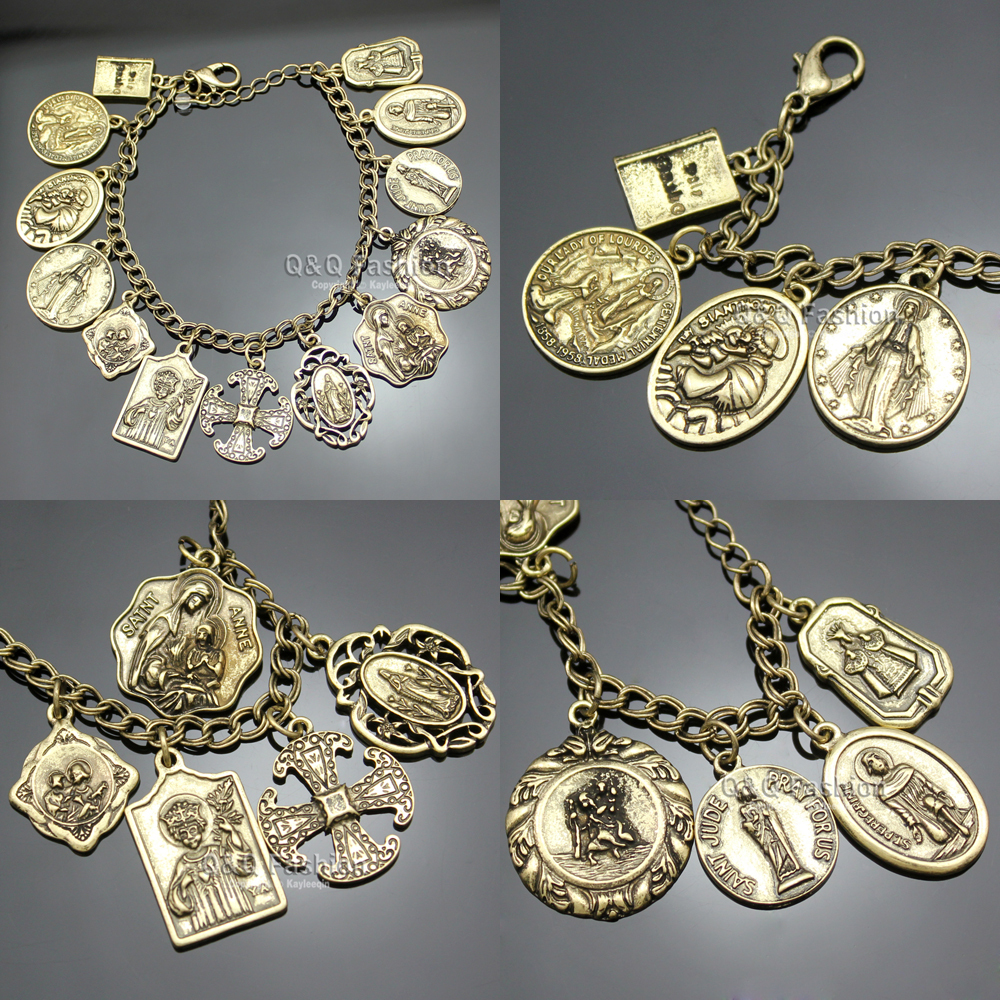 Vintage Bracelet Catholic Religious Church Medals Saints PRAY FOR Cross Pendant Chain Women Bangle Silver Plated Jewelry Gifts