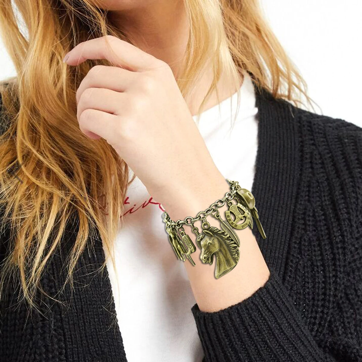 Vintage Bracelet Catholic Religious Church Medals Saints PRAY FOR Cross Pendant Chain Women Bangle Silver Plated Jewelry Gifts