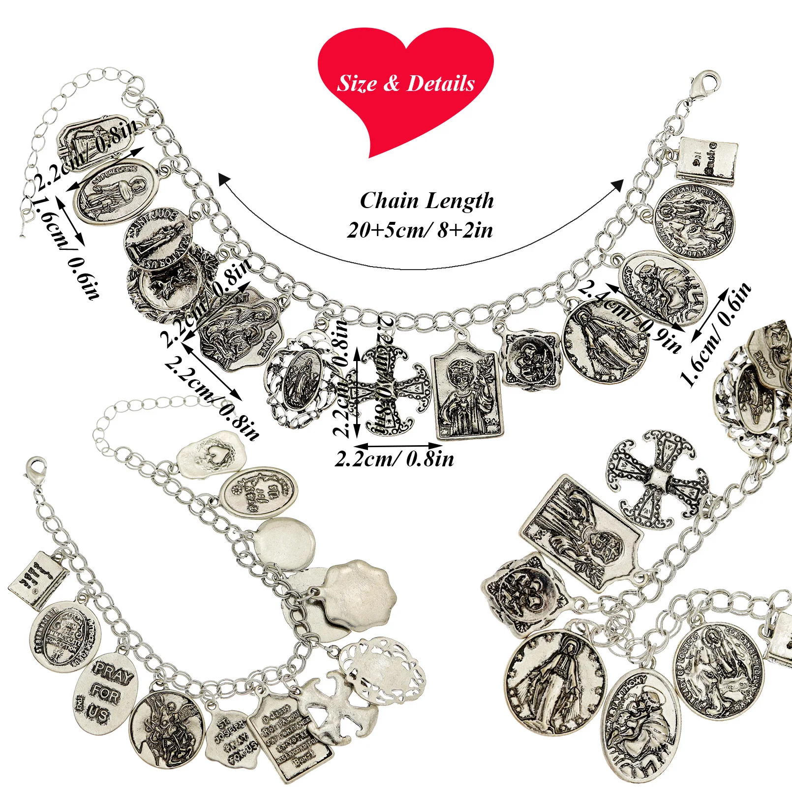 Vintage Bracelet Catholic Religious Church Medals Saints PRAY FOR Cross Pendant Chain Women Bangle Silver Plated Jewelry Gifts