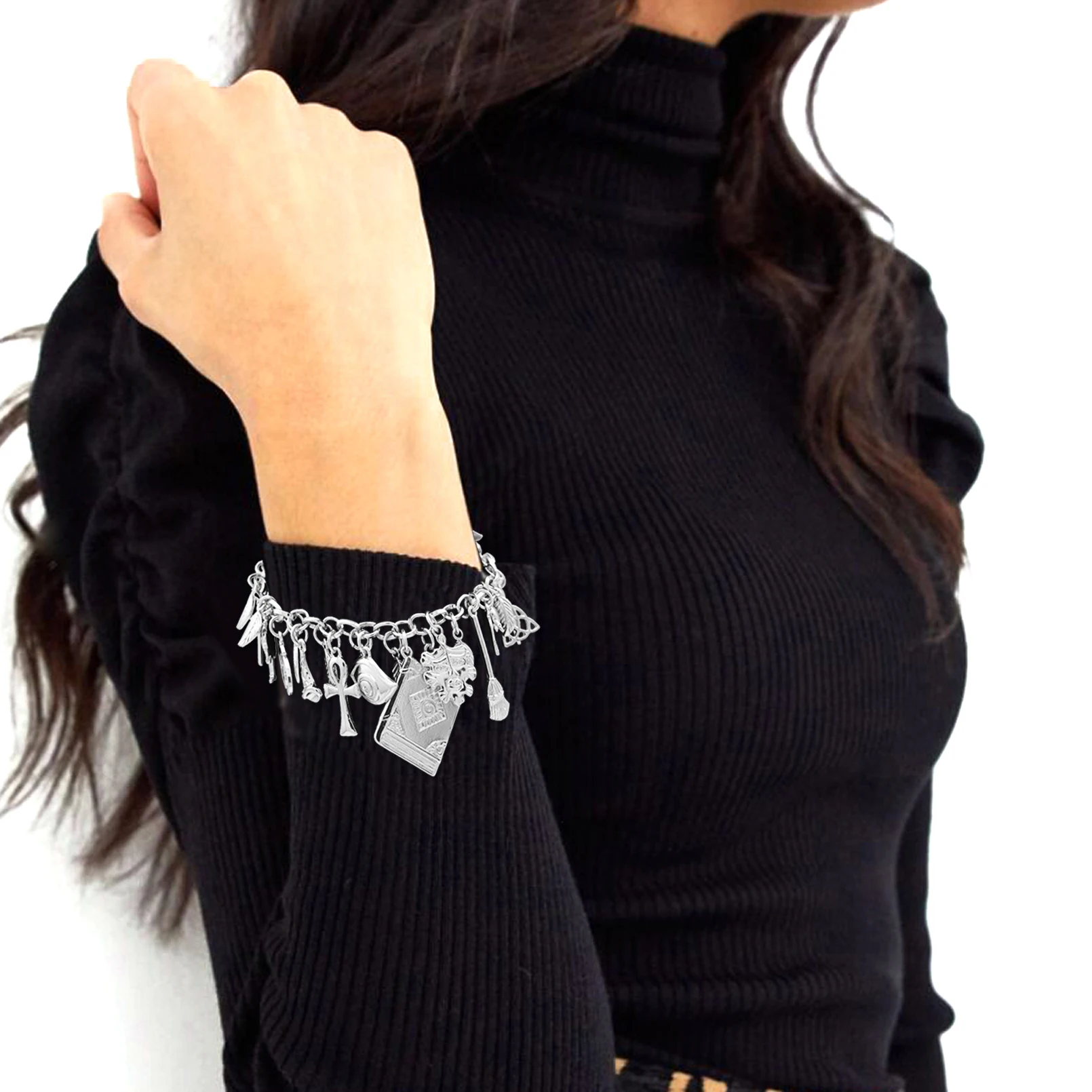 Vintage Bracelet Catholic Religious Church Medals Saints PRAY FOR Cross Pendant Chain Women Bangle Silver Plated Jewelry Gifts