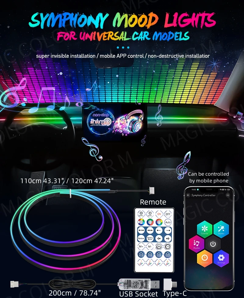 Vegetting 140cm Car Ambient Lights LED Interior RGB Symphony Atmosphere Lamp USB APP Control Remote for Tesla Model 3 Y S X