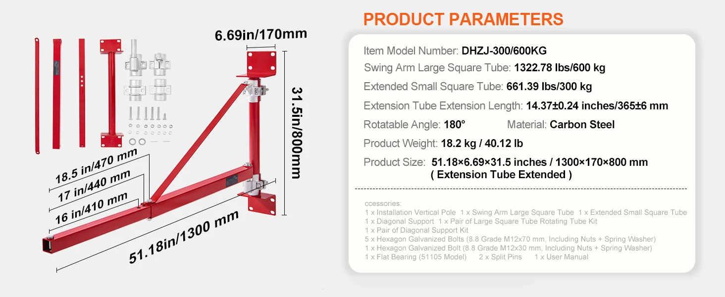 SucceBuy Electric Hoist Support Arm Swing Holder with Pole Steel Hoist Frame 180° Scaffold Winch Lifting Arm for Workshop Garage