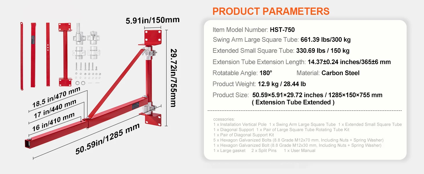 SucceBuy Electric Hoist Support Arm Swing Holder with Pole Steel Hoist Frame 180° Scaffold Winch Lifting Arm for Workshop Garage