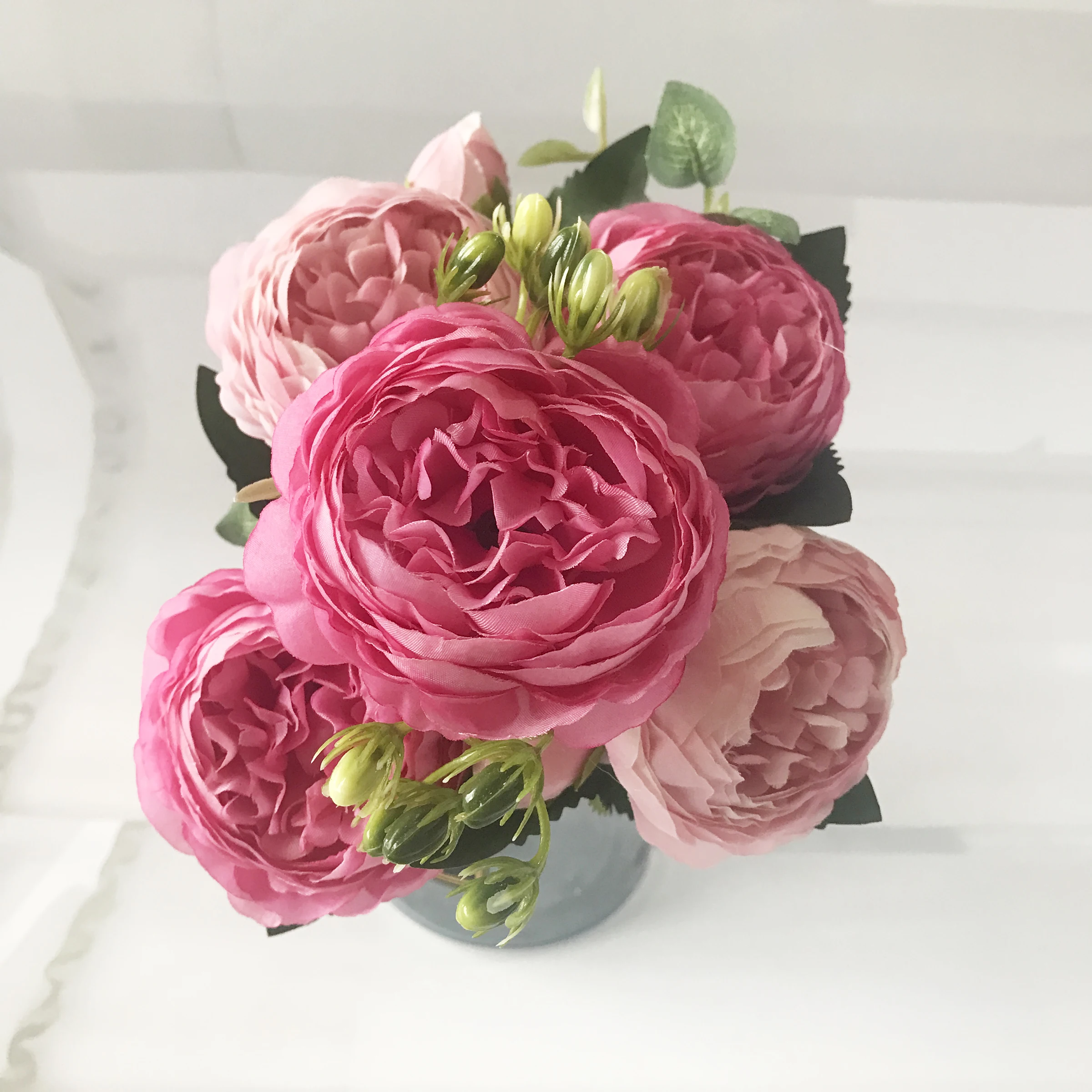 30cm Rose Pink Silk Peony Artificial Flowers Bouquet 5 Big Head and 4 Bud Cheap Fake Flowers for Home Wedding Decoration Indoor