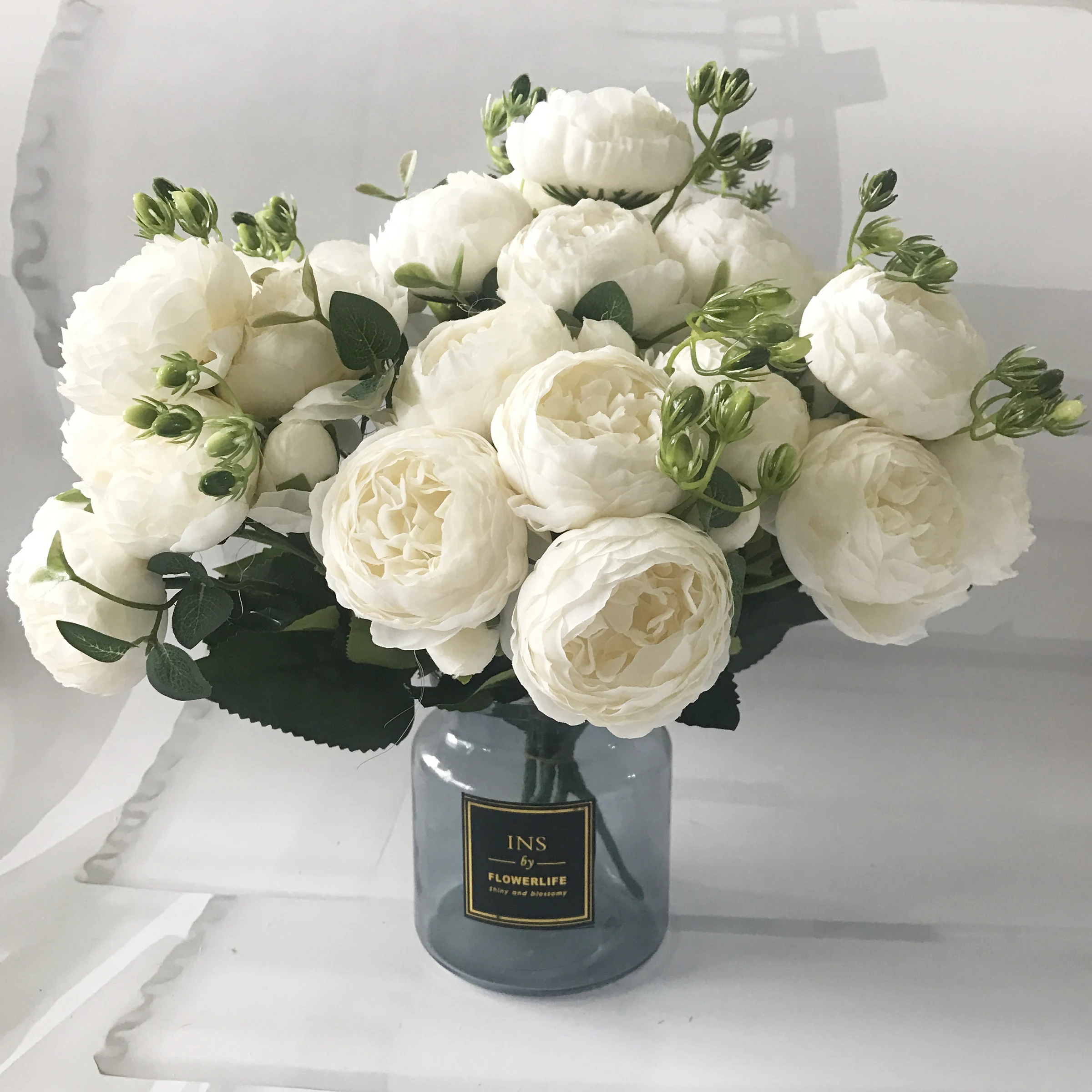 30cm Rose Pink Silk Peony Artificial Flowers Bouquet 5 Big Head and 4 Bud Cheap Fake Flowers for Home Wedding Decoration Indoor
