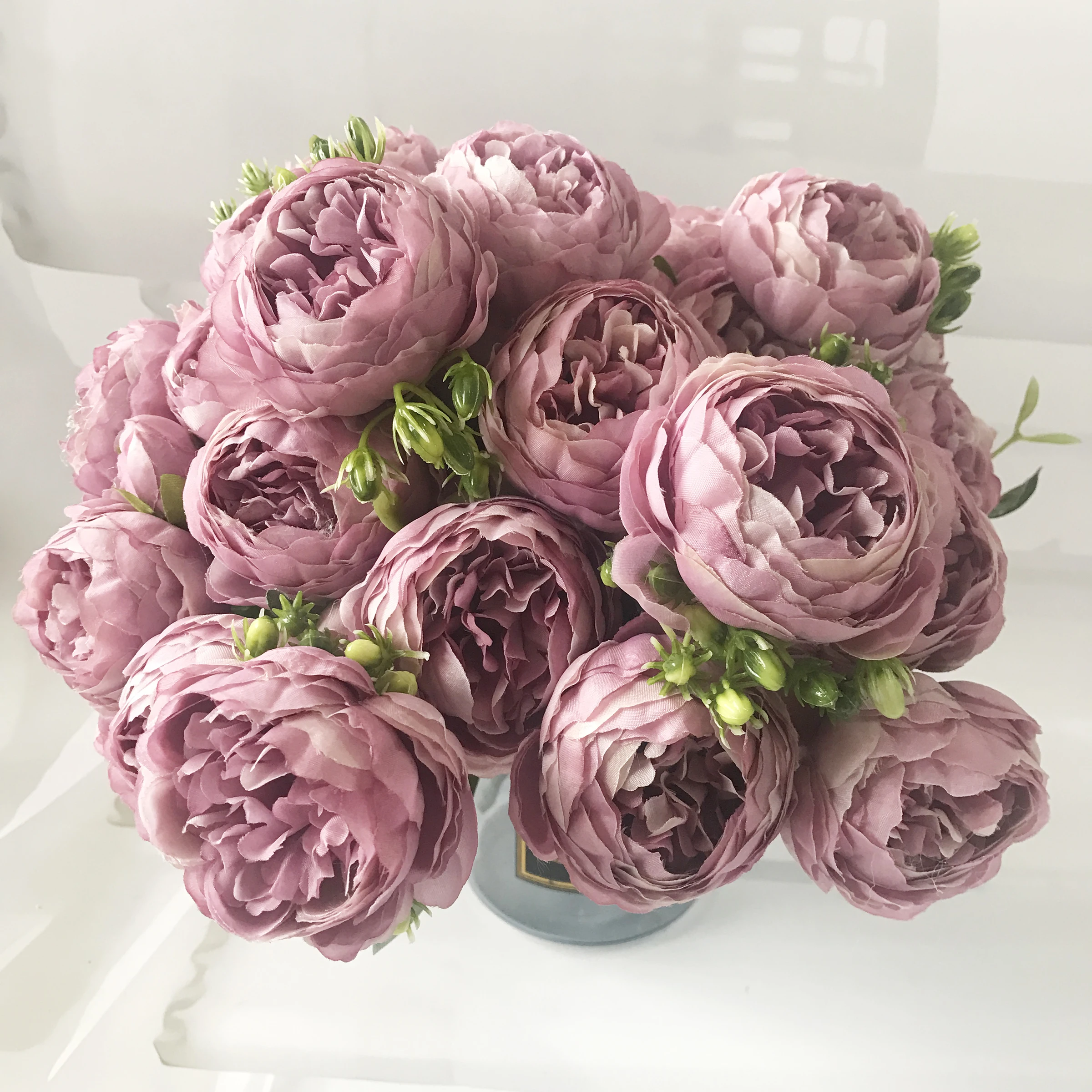 30cm Rose Pink Silk Peony Artificial Flowers Bouquet 5 Big Head and 4 Bud Cheap Fake Flowers for Home Wedding Decoration Indoor