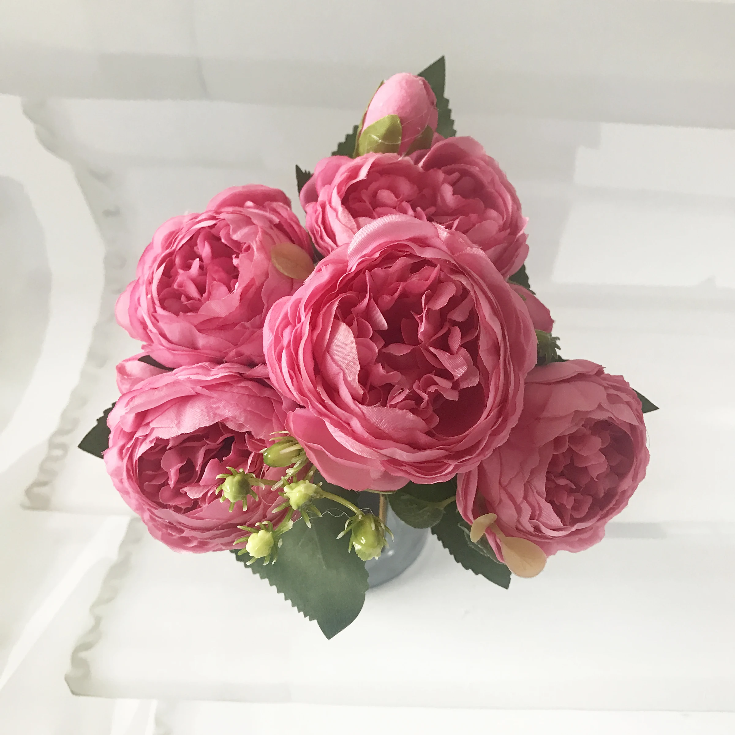 30cm Rose Pink Silk Peony Artificial Flowers Bouquet 5 Big Head and 4 Bud Cheap Fake Flowers for Home Wedding Decoration Indoor