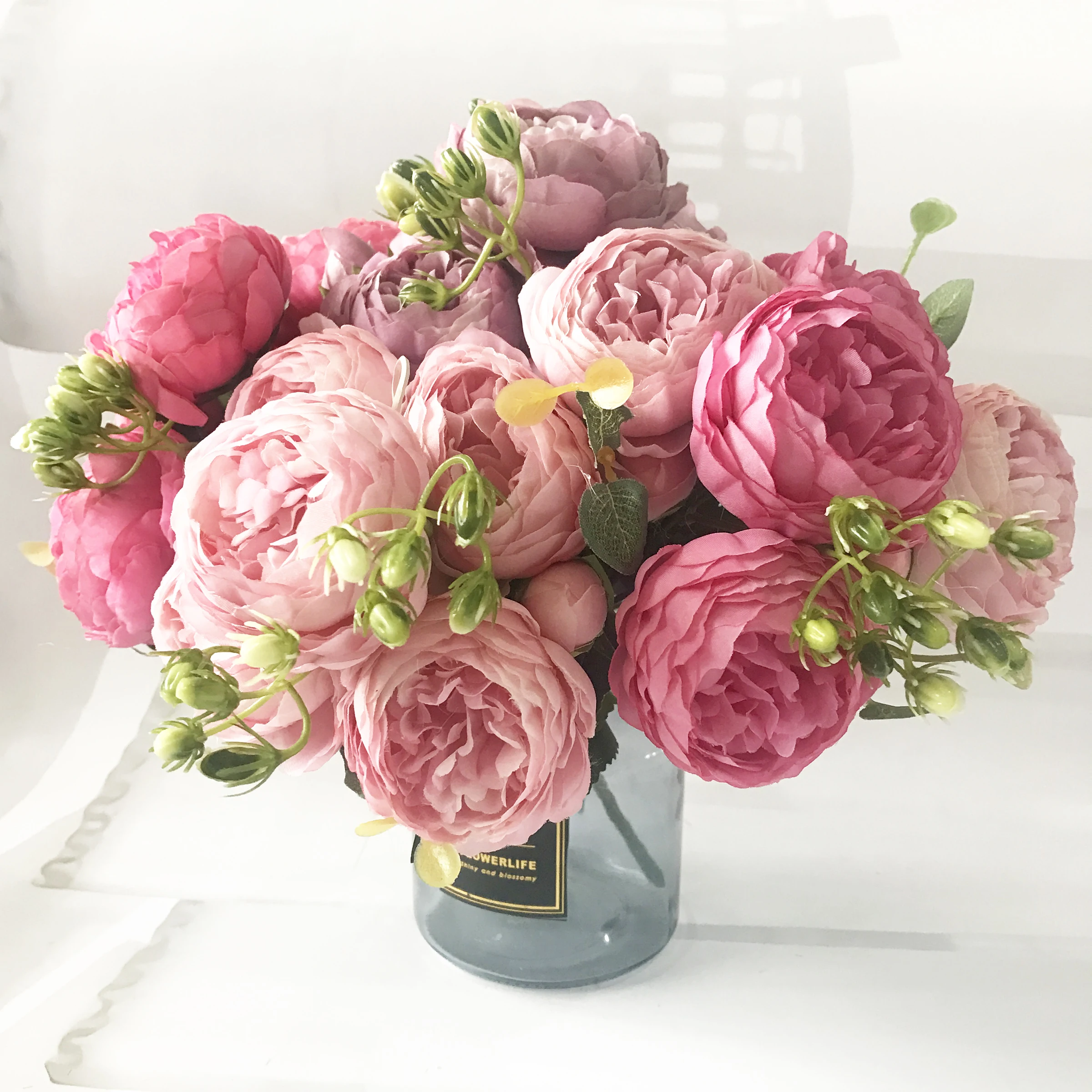 30cm Rose Pink Silk Peony Artificial Flowers Bouquet 5 Big Head and 4 Bud Cheap Fake Flowers for Home Wedding Decoration Indoor