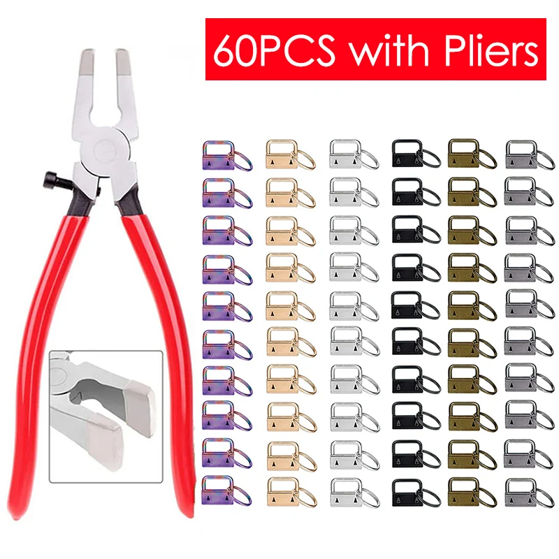20/40/60PCS Webbing Tail Clip Key Fob Hardware 25mm Keychain Split Ring with Tool Pliers for Wrist Wristlets Cotton Tail Clip