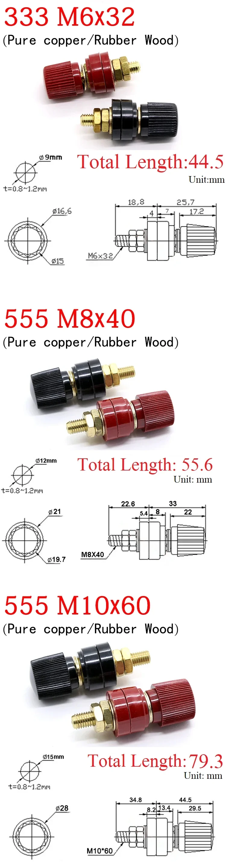 Wire Binding Post Thread Screw M5 M6 M8 M10 Lithium Battery Weld Inverter Clamps Power Supply Connect Terminal Splice Black Red