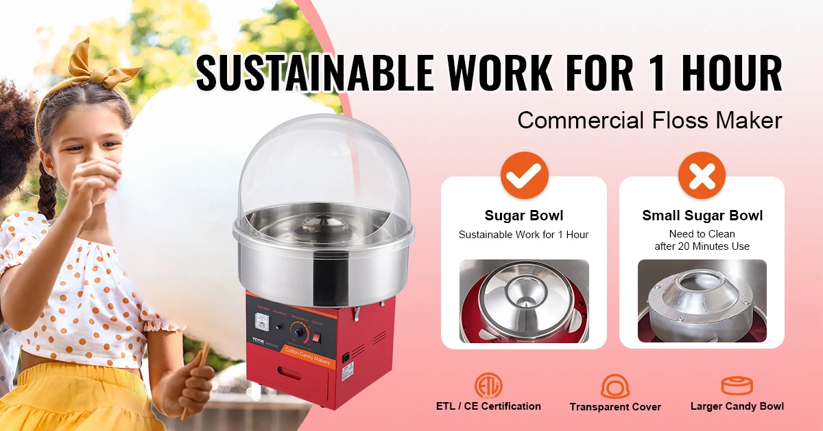 SucceBuy Electric Cotton Candy Machine Candy Floss Maker Commercial Cotton Candy Machine Stainless Steel Bowl and Sugar Scoop