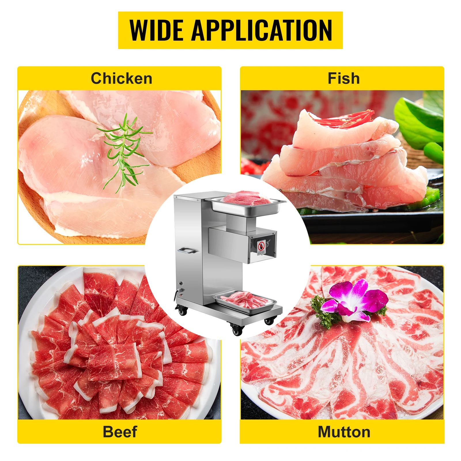 SucceBuy 500Kg/H Electric Meat Slicer 750W Commercial Meat Cutter 3mm Stainless Steel Blades Food Cutting Slicing Machine