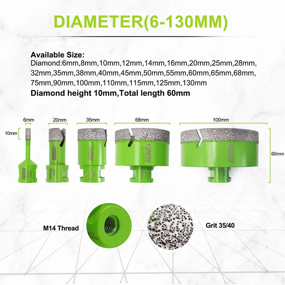 FACHLICH 1/2pcs Drilling Bits Core Bit Dia6-150mm Ceramic Tile Granite Marble Stone M14 Thread Dry Drilling Cutter Hole Saw