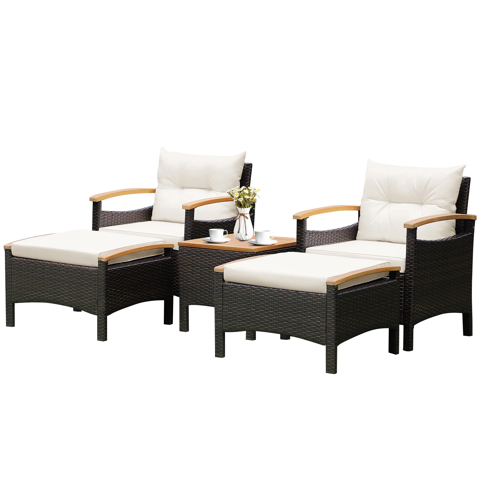 5PCS Patio Rattan Furniture Set Sofa Ottoman Cushioned Table W/Wood Top