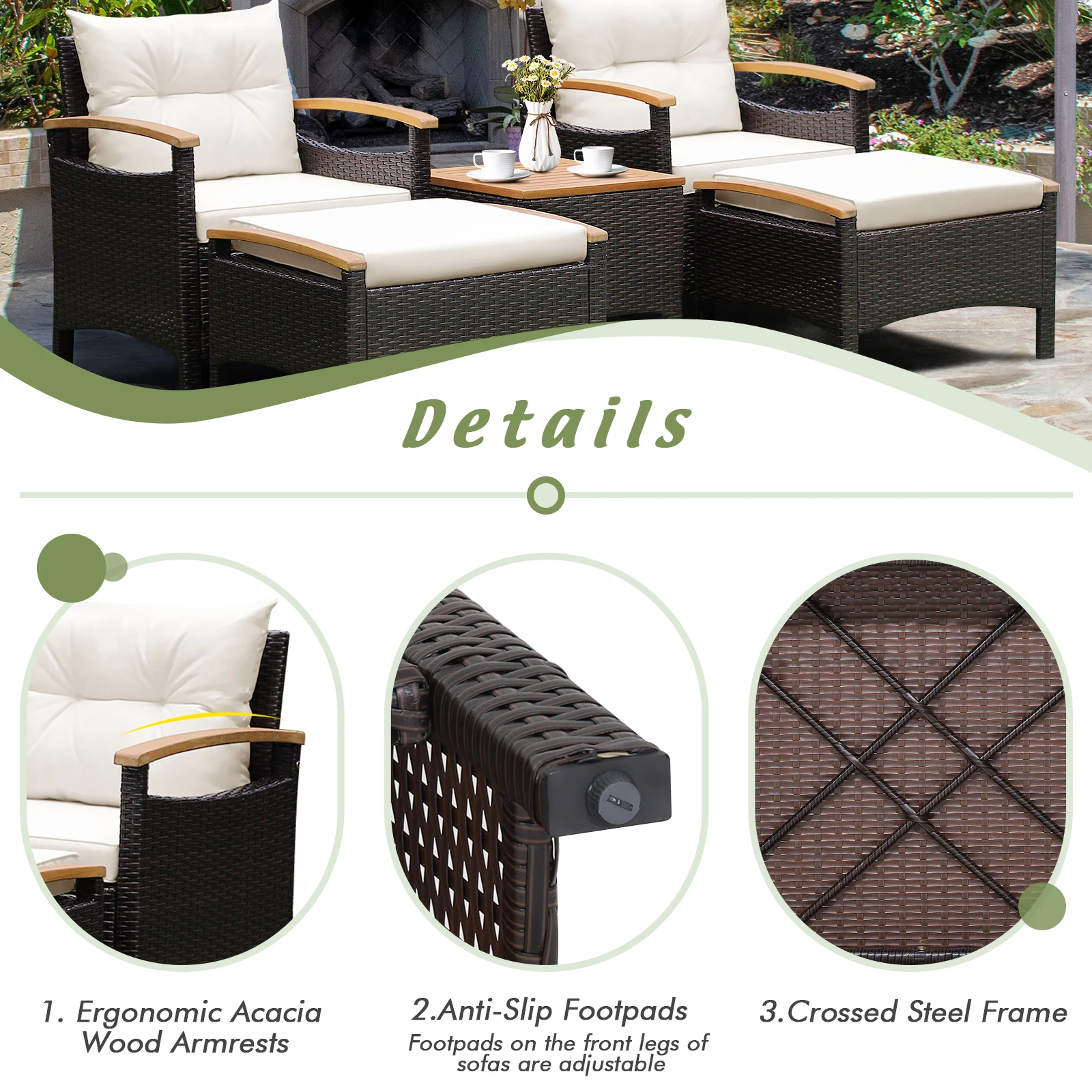 5PCS Patio Rattan Furniture Set Sofa Ottoman Cushioned Table W/Wood Top