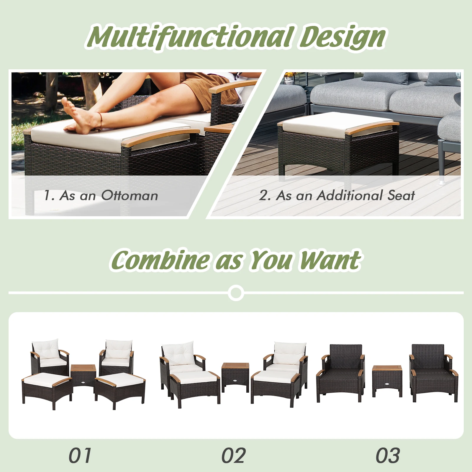 5PCS Patio Rattan Furniture Set Sofa Ottoman Cushioned Table W/Wood Top
