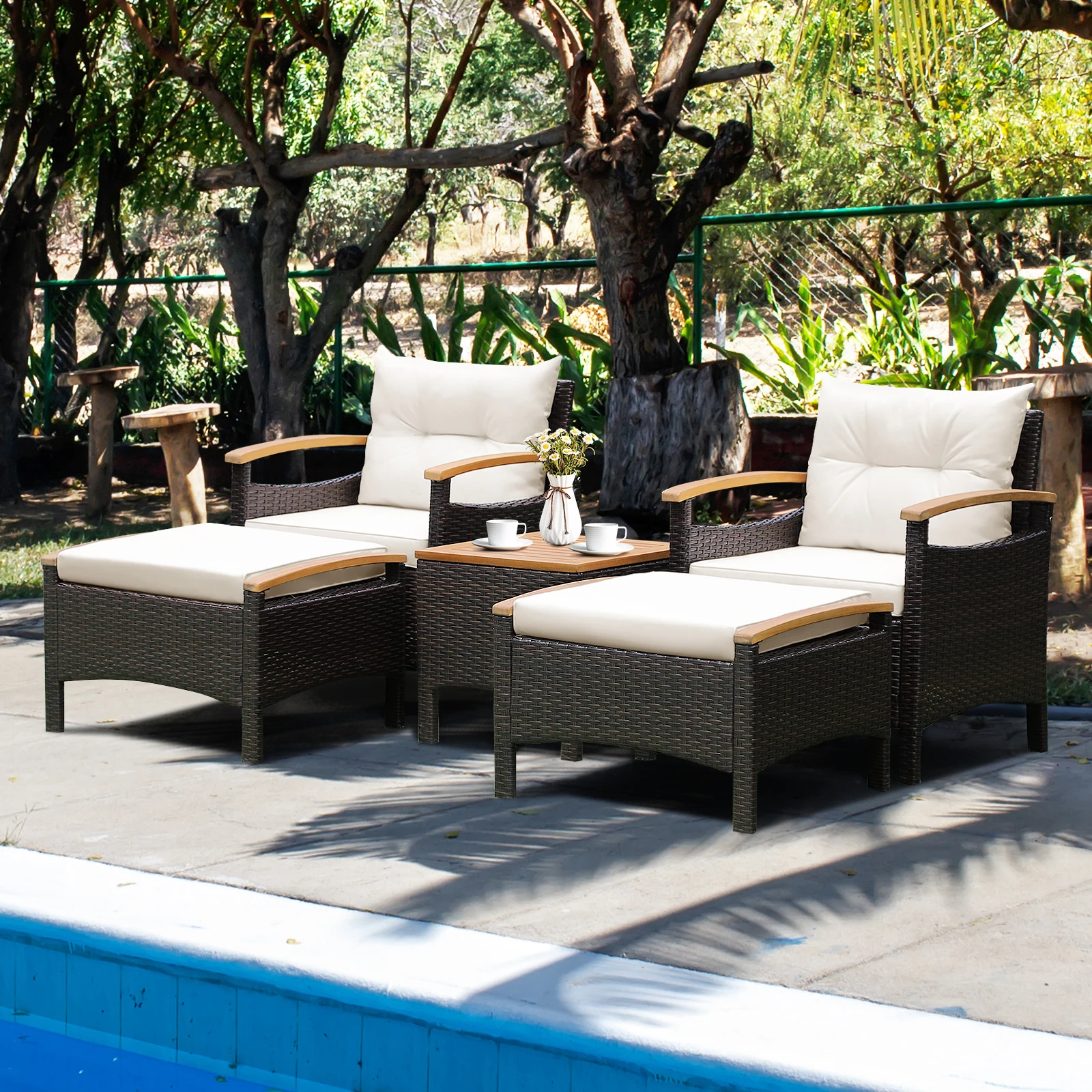 5PCS Patio Rattan Furniture Set Sofa Ottoman Cushioned Table W/Wood Top