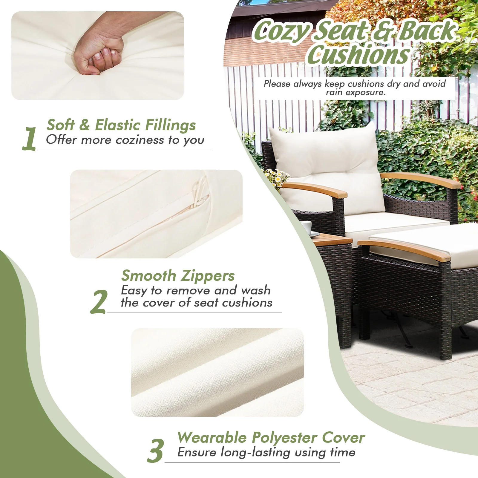 5PCS Patio Rattan Furniture Set Sofa Ottoman Cushioned Table W/Wood Top