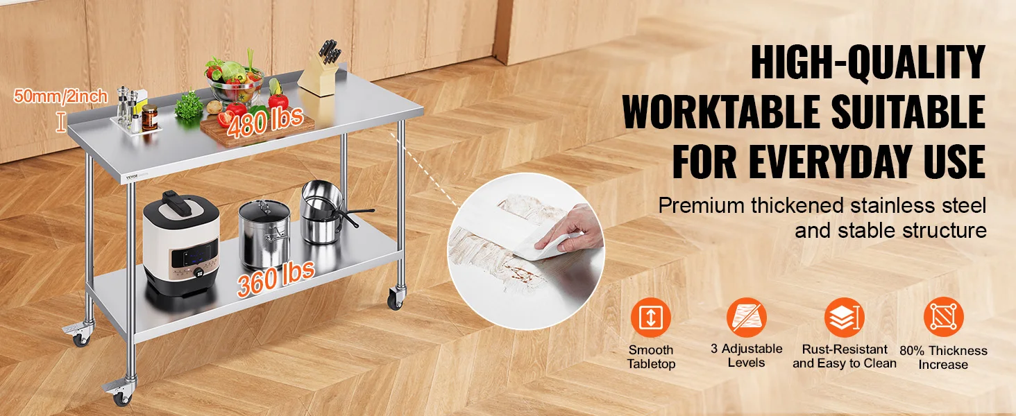 SucceBuy Stainless Steel Work Table Commercial Food Prep Worktable with Casters Heavy Duty Prep Worktable for Restaurant Home