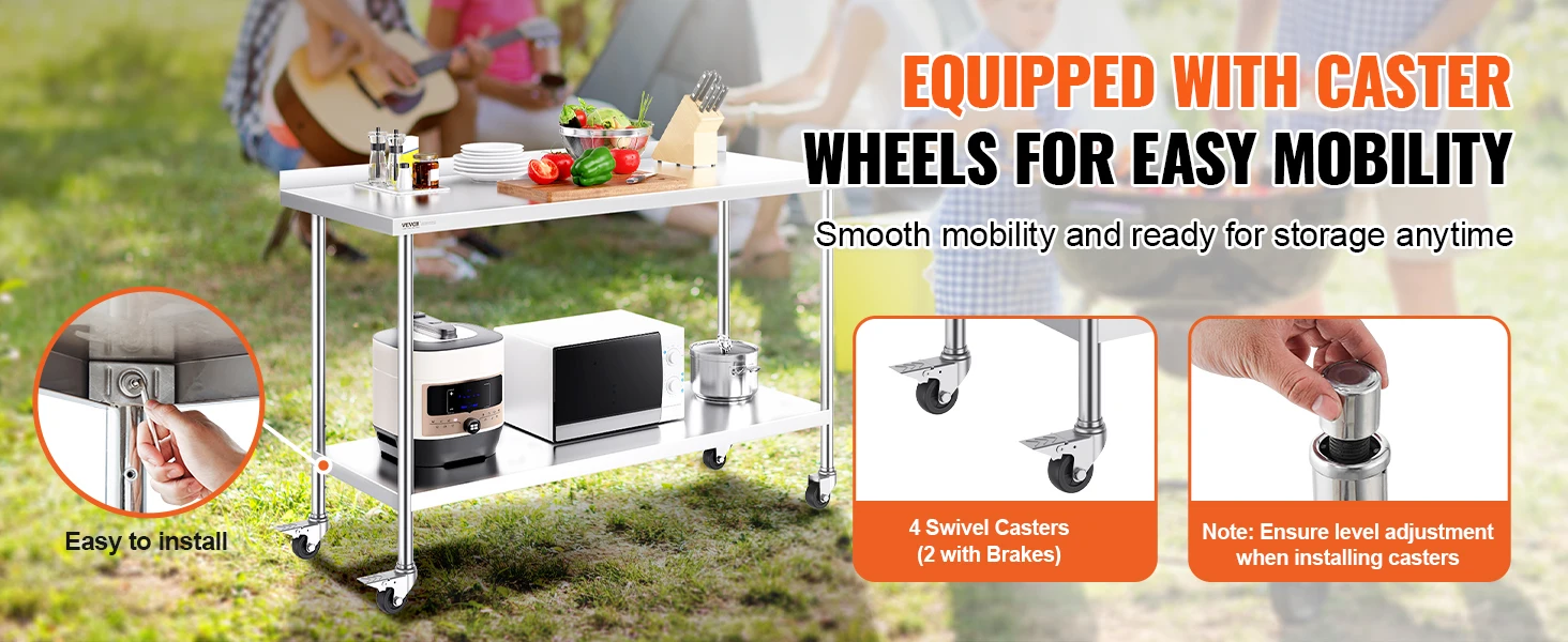 SucceBuy Stainless Steel Work Table Commercial Food Prep Worktable with Casters Heavy Duty Prep Worktable for Restaurant Home