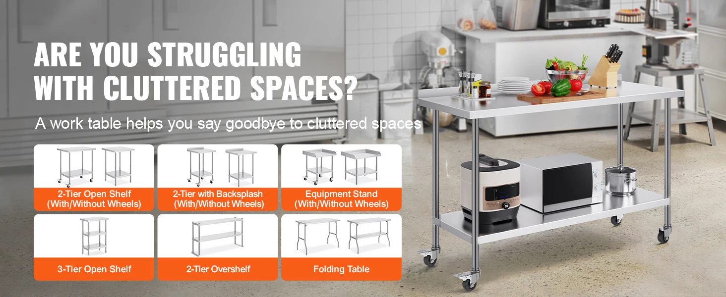 SucceBuy Stainless Steel Work Table Commercial Food Prep Worktable with Casters Heavy Duty Prep Worktable for Restaurant Home