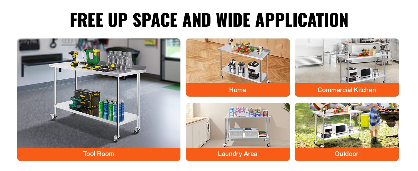 SucceBuy Stainless Steel Work Table Commercial Food Prep Worktable with Casters Heavy Duty Prep Worktable for Restaurant Home