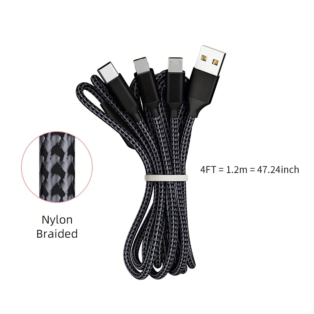 4pcs Charge Cable 3-in-1 Nylon Braided Multi Charge Cable for Multiple Devices USB Fast Charging with Type-C Micro USB IP Port