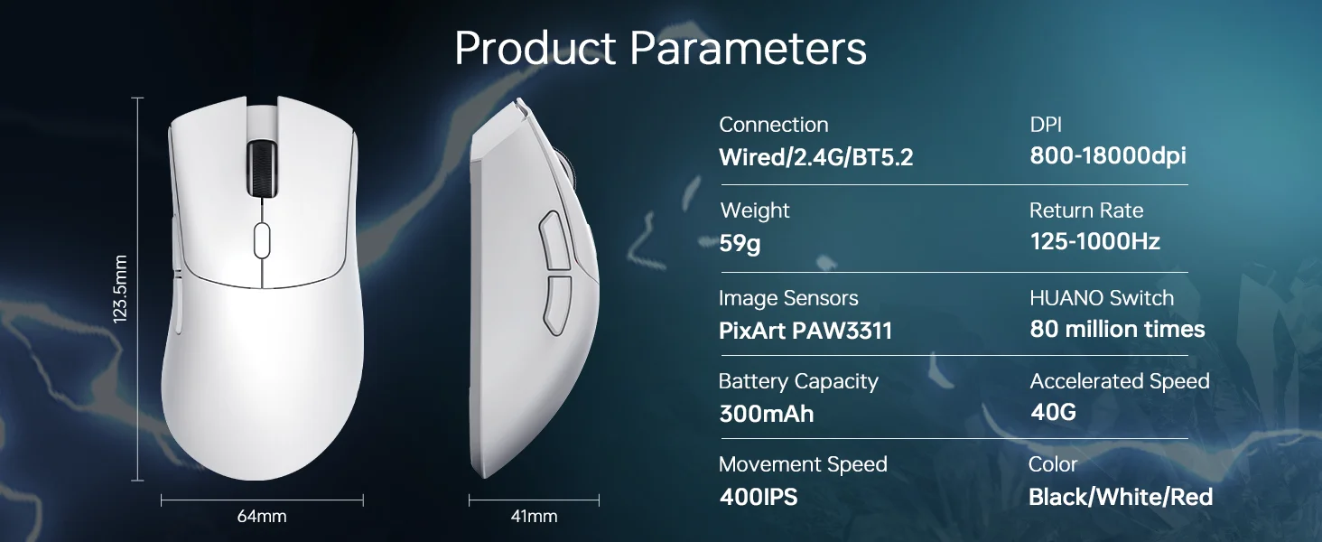 R1 Wireless Gaming Mouse,Tri-Mode Connection (2.4G/Wired/BT5.2),55g Lightweight Design,18K DPI Optical Sensor,HUYU 20 Million Ke