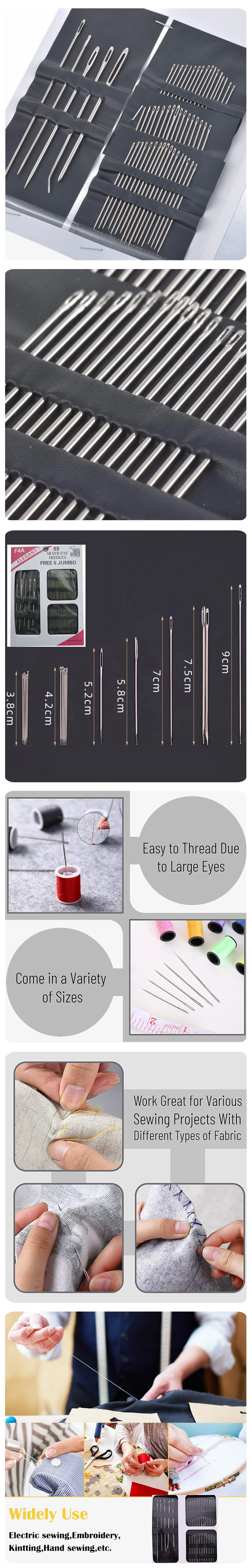 55 Pieces Stainless Steel Big Eye Hand Sewing Needles Set with Different Sizes for Sewing Needlework Embroidery Needles