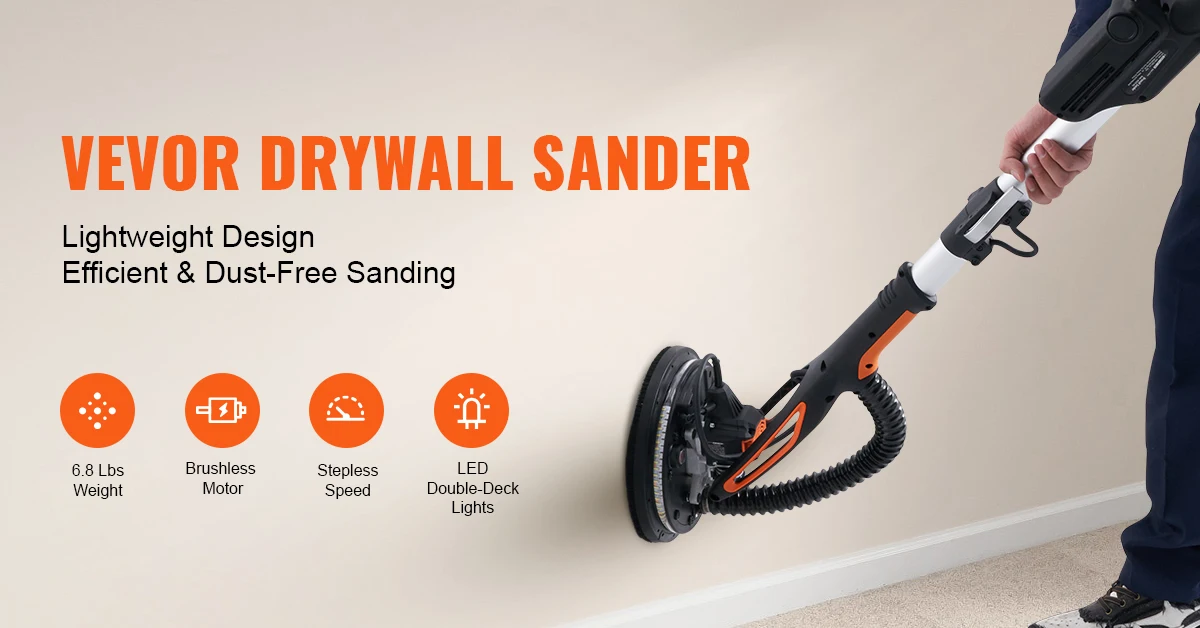 SucceBuy 800W Electric Drywall Sander Brushless Motor 1000-2300RPM Variable Speed Household Polishing Machine Wall Sand Grinder