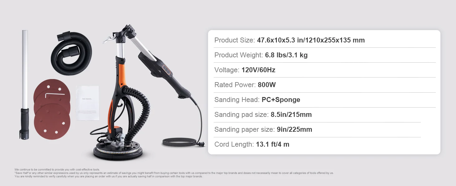 SucceBuy 800W Electric Drywall Sander Brushless Motor 1000-2300RPM Variable Speed Household Polishing Machine Wall Sand Grinder