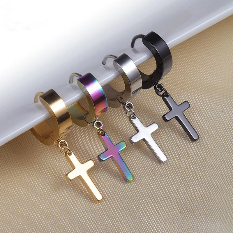 1Pair Punk Stainless Steel Cross Pendant Hoop Earrings For Men Women Not Fade Ear Rings Hip Hop Male Jewelry