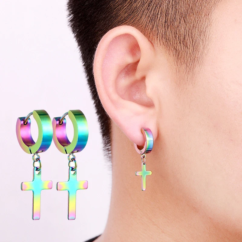 1Pair Punk Stainless Steel Cross Pendant Hoop Earrings For Men Women Not Fade Ear Rings Hip Hop Male Jewelry